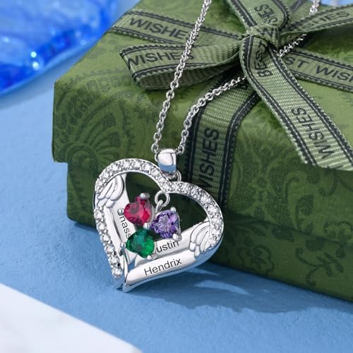 Custom Heart Pendant Necklace for Mom and Grandma with 1-6 Names and Simulated Birthstones Personalized Mother Sterling Silver Necklace for Christmas Birthday or Mother's Day3