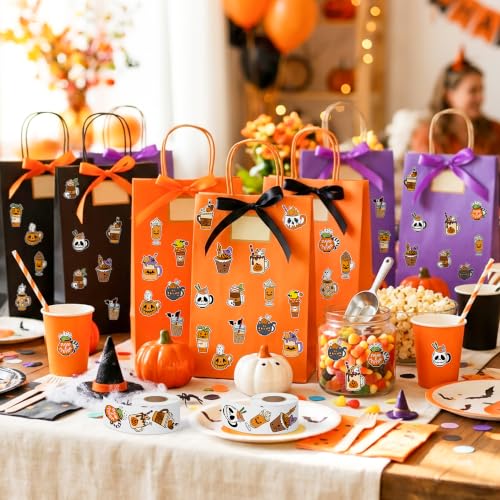 Image of Halloween Coffee Sticker Rolls, 1000Pcs Pumpkin Coffee Latte Mug