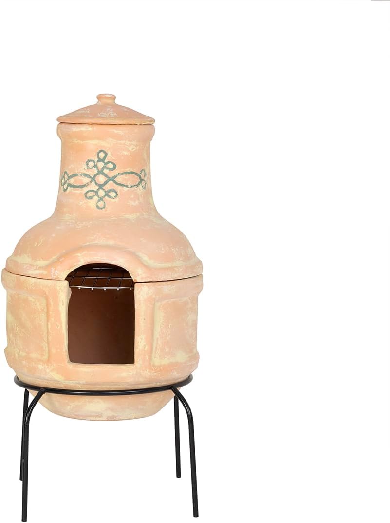 CHARLES BENTLEY Outdoor, Garden, Patio, Small, Terracotta Clay Chimenea, BBQ Grill, with Artisan Design, Rain Lid & Stand, Patio Heater, Easy To Assemble, Rustic Finish, Artisan Design (75x35cm)