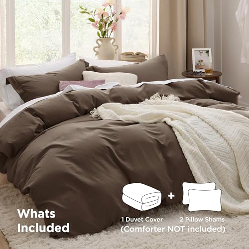 Image of Bedsure Duvet Cover Queen Size - 3 Pieces Prewashed Cotton-Like Polyester Soft Bedding Set, Includes 1 Duvet Cover 90x90 Inches with Zipper Closure & 2 Pillow Shams, No Comforter,(Dark Brown, Queen)