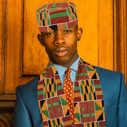 BAOZOON 2 Pcs African Kente Pattern Kufi Hat and Kente African Print Stole Sash Shawl for Black African History Men Women Kid4