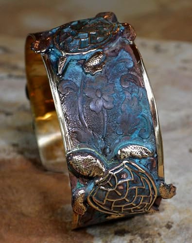 Verdigris Patina Solid Brass Classic Sea Turtle Cuff Bracelet by Elaine Coyne Made In USA4
