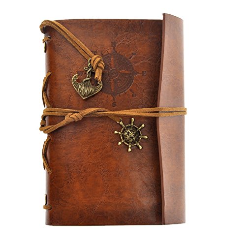 Hensych Retro Leather Cover Blank Writing Journal Notebook Vintage Refillable Travel Diary Sketchbook Pirate Notepad Mediterranean Style