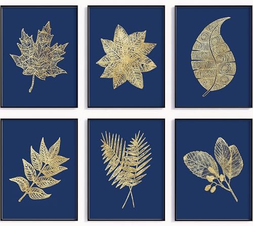 Amazon.com: Navy and Gold Botanical Wall Art Set of 6 – Pressed Leaf ...