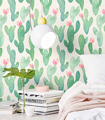 Blooming Wall PS013 Peel&Stick - Papel pintado autoadhesivo para pared, diseño de cactus, color verde