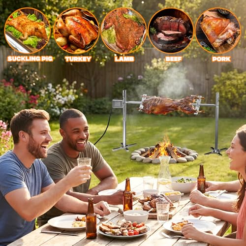onlyfire Spanferkelgrill mit Motor, Edelstahl Spießbratengrill, 5-stufige Höhenverstellung Spießgrill, Elektrischer Grillspieß Set mit Drehspieß für Schwein, Lamm, Huhn & Grillfleisch, 60KG Traglast