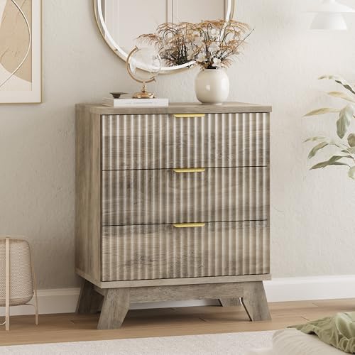 Image of Xixini Fluted Dresser for Bedroom with 3 Drawers, 24 inch Wide Modern Chest of Drawers with Metal Handle, Wooden Dresser TV Stand, Wood Closet Clothes Storage Organizer for Living Room, Hallway, Grey