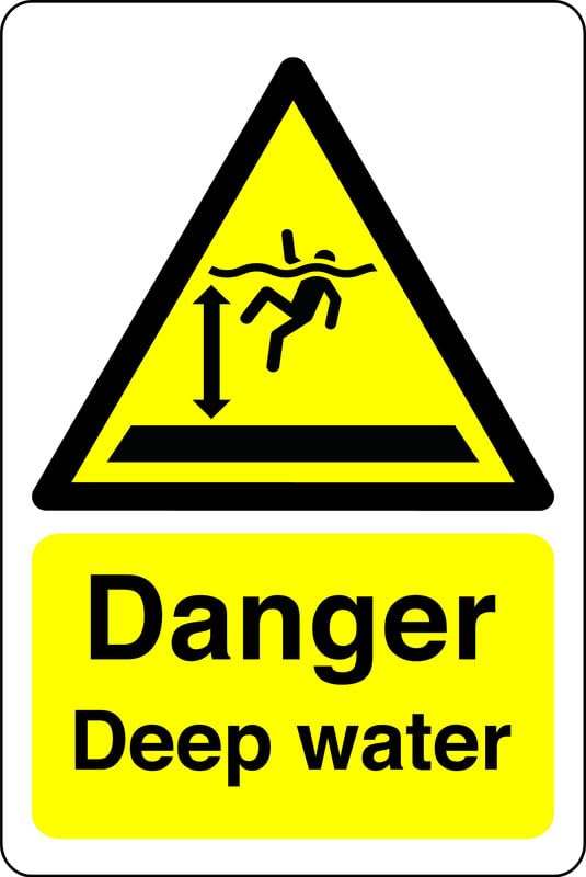 Danger deep water - no swimming, no diving, deep water, slippery - High tack self-adhesive sticker (200mm x 150mm) Viewing Distance within 5m.