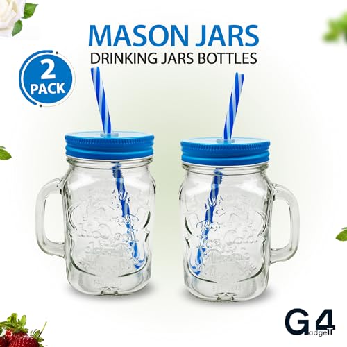 G4GADGET 2 X 500ml Glass Mason Drinking Jars Bottles Party Drink Glasses + Lids and Straws - Image 3