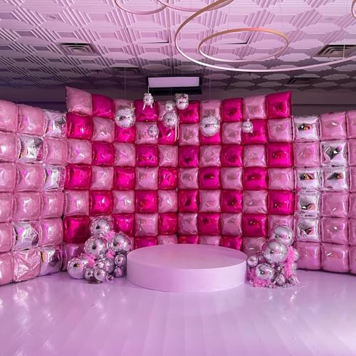 Image of Hot Pink and Rose Double Sided Square Foil Balloons Wall,19 Inches Pink Metallic Foil Balloons Tunnel Arch Kit for Girls Bachelorette,Wedding,Anniversary,Mothers Day Party Background Decorations
