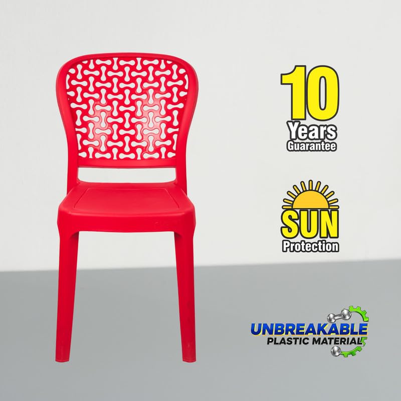 Image of Plasto Luxury Chair with Comfortable Back Posture, Without Arm, for Dining, Bedroom, Kitchen, Living Room, Garden | 150KG Capacity | Strong & Sturdy | Virgin Plastic | Red
