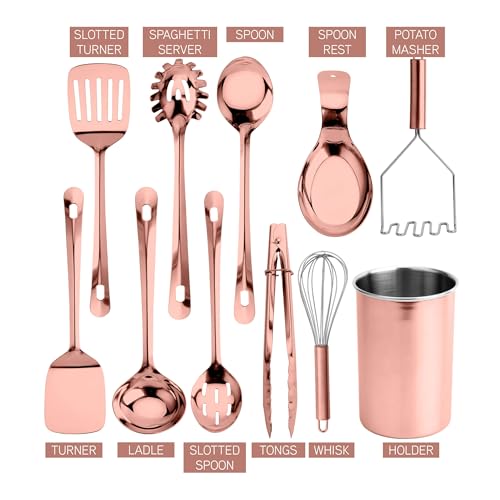 COOK WITH COLOR Kitchen Utensil Set - premium Nonstick & Heat Resistant Kitchen Gadgets, Turner, Spaghetti Server, Serving Spoons, Whisk, Tongs, Masher & Utensil Holder, 10-piece Rose Gold by COOK WITH COLOR - Image 4