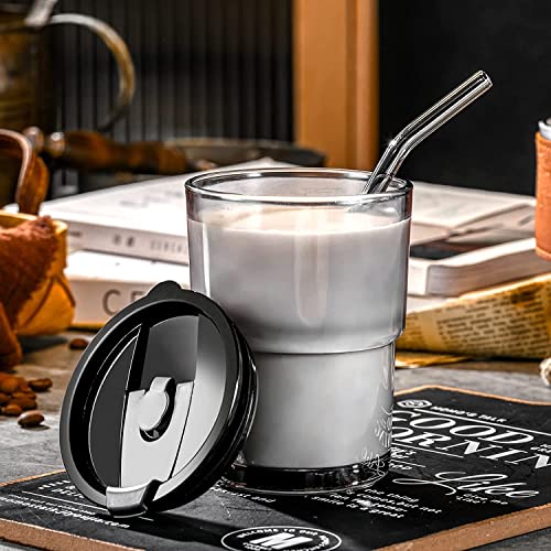 Image of Stylish Glass Tumbler with Lid and Glass Straw 400ML Coffee Tea Milk Mug with Leather Sleeve for Home Office and Traveling (Black)
