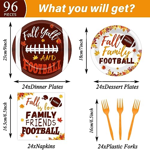 Image of 96 Pcs Football Fall Party Supplies Football and Fall Y'all Tableware Plates Napkins Rustic Football Autumn Dinnerware Table Decorations Maple Leaves Thanksgiving Holiday Party Favor for 24 Guests