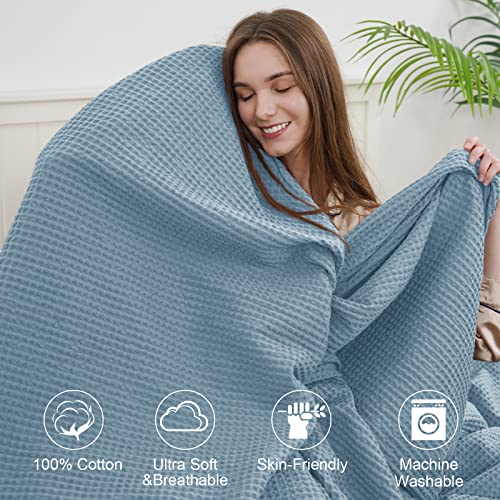 Image of PHF 100% Cotton Waffle Blanket Lightweight Breathable, King Size Dusty Blue | Pre-washed Soft Cozy Summer Throw for Hot Sleepers, Textured Decorative Layer for Bed Couch Sofa Guest Room, Giftable
