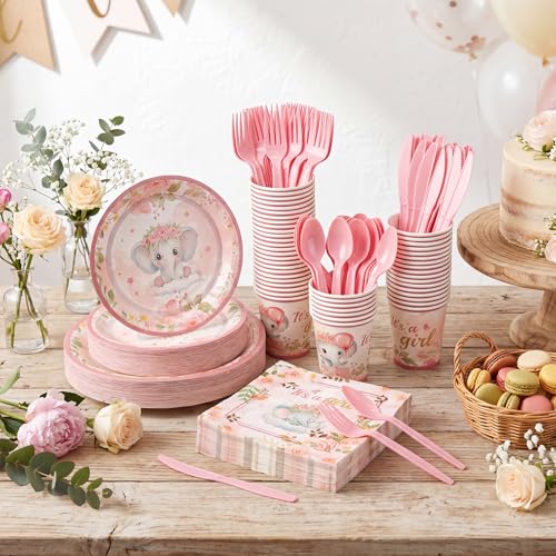 Ziliny 350 Pcs Elephant Themed Baby Shower Party Supplies Rainbow Paper Plates Napkins Cups and Plastic Cutlery Party Tableware Set for Baby Shower Birthday Decorations, Serves 50 by Ziliny - Used condition - Image 7