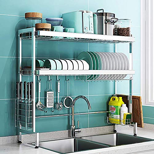 Over Sink Dish Drainer Regal, 2-stufiger Edelstahl-Geschirrtrockner mit Utensilienhalter Counter Organizer Geschirrkorb Silber 79 cm (31 Zoll)
