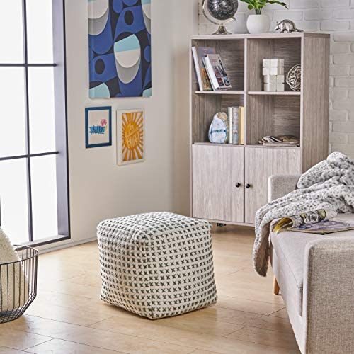 Christopher Knight Home Flanner Fabric Square Pouf Ottoman, Cream, Green 16*16*16 #TOP2