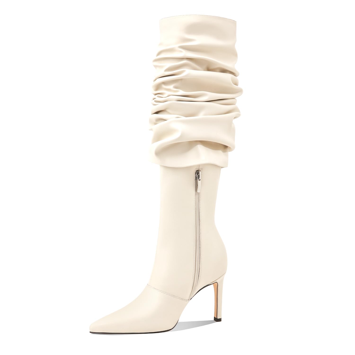 MOTIMODEN Women's Knee High Boots Fold Over High Heel Pointed Toe Black White Long Boots Women Dress Tall Boots for Women: 9.5 White