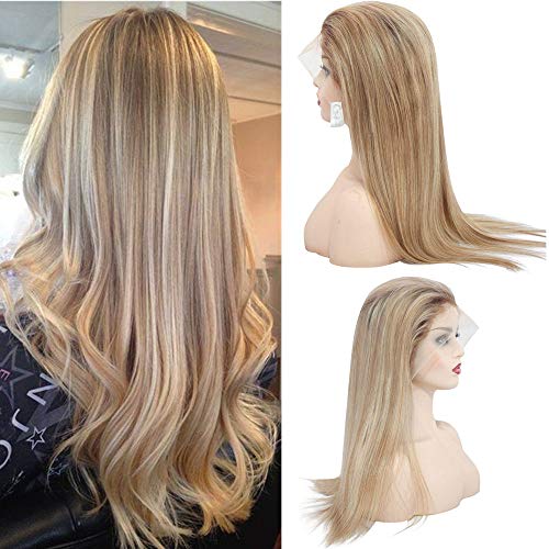 613 Ombre Lace Front Wig Human Hair Highlight Long Balayage Wig Brown to Blonde 150% Density bleached knots with baby hair (24 Inch, 4T12/613)