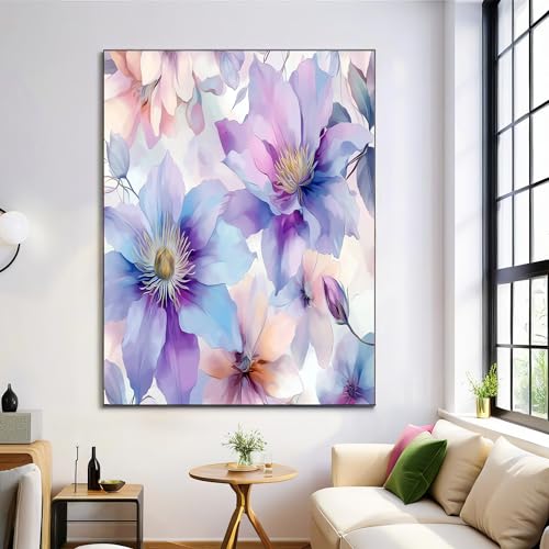 GDJSMIN Púrpura Escena Floral Romántica Pósters De Arte De Pared Decoración De Dormitorio,Ilustración De Clemátide Azul Decorativas Impressions Sobre Lienzo Cuadros,Sin Marco 30×40 cm