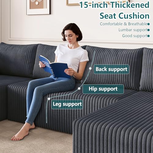 Image of 124 inch U-Shape Cloud Couch, Modern Modular Sectional U-Shape Sofa, Corduroy Boneless Couch Upholstered Couches Deep Seat Sleeper Chaise Longue for Living Room, No Assembly Required,Dark Gray
