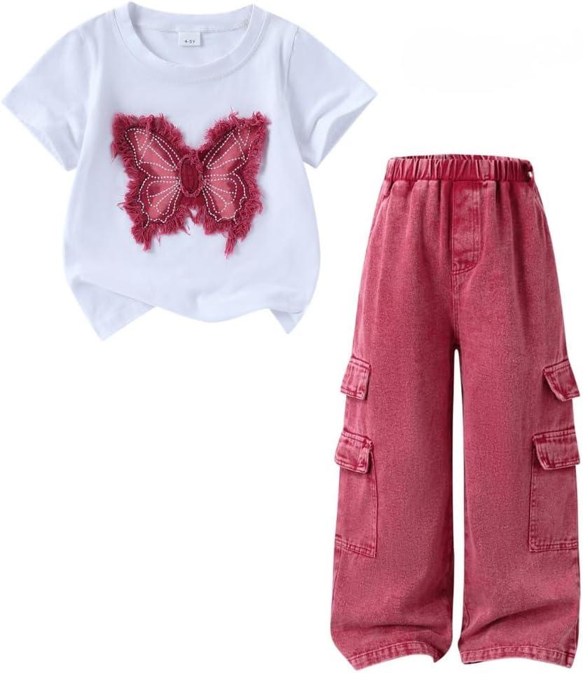 Azmxynol Girls Clothes Toddler Little Girl 2 Piece Spring Summer Outfit T Shirt + Denim Pants Set, Size 4-8 Years