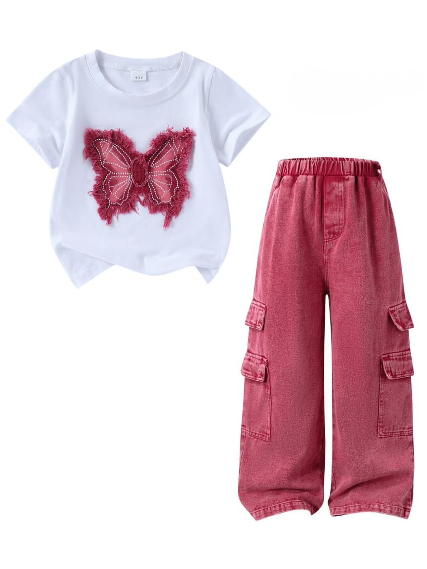 Photo 1 of ***MISSING PANTS***Azmxynol Girls Clothes Toddler 2 Piece Spring Summer Outfit Short Sleeve T Shirt + Denim Pants Set Little Girl Kids Cute Casual Clothing Size 4-5T