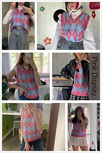 Lailezou Women's V Neck Knit Sweater Vest Argyle Plaid Preppy Style Sleeveless Crop Knitwear Tank2