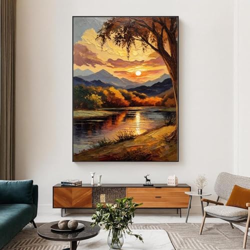 Peinture sur toile fleurs sauvages dorées et montagne, impression premium encadrée