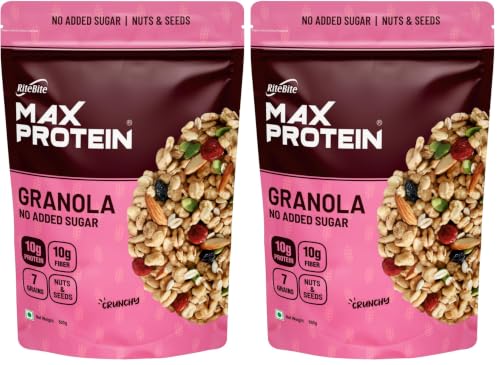 Image of RiteBite Max Protein Granola Nuts & Seed - (No Added Sugar) 500g| 7 Grains Breakfast Granola Muesli| 10g Protein | 10g Fiber | Natural Ingredients| Simply Delicious| Vegan (Pack of 2)