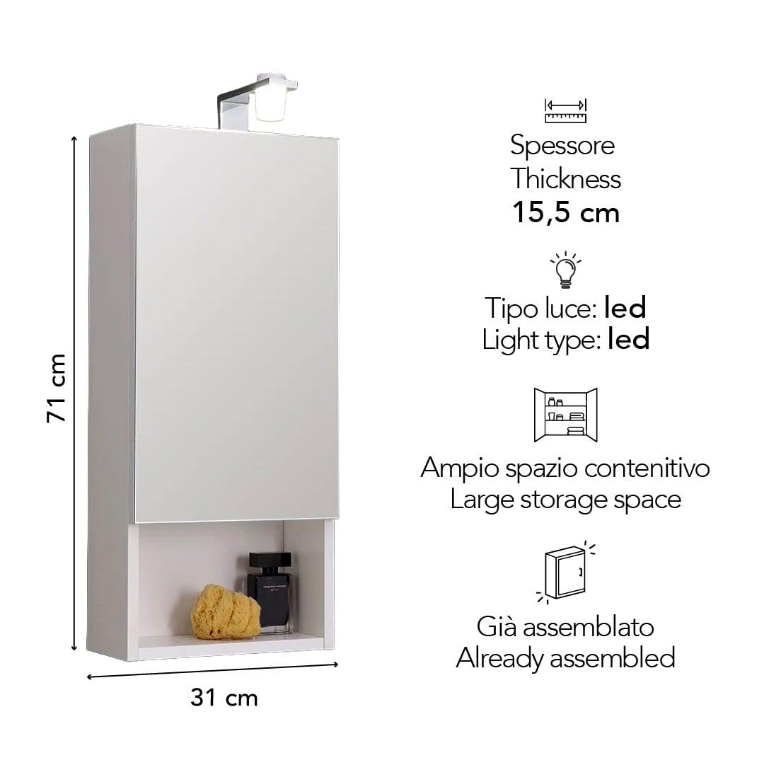Kiamami Valentina - Specchio Contenitore Bianco Ad Un'anta 30Cm Con Luce