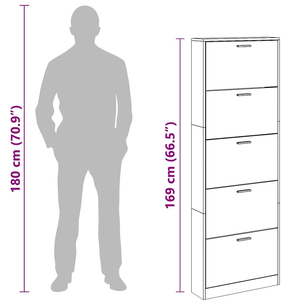 Schuhschrank mit 5 Schuhkippern Weiß aus Holzwerkstoff, 59x17x169 cm, platzsparend mit Fächern für Flur Eingangsbereich, stabile Aufbewahrung für Damen, Herren Schuhe und Sneaker