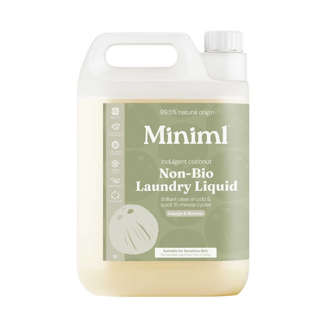 Miniml Eco Laundry Liquid Washing Detergent 5L Refill - Natural Non Bio Coconut Scented Clothes and Fabric Softener for Machine or Delicate Hand Cleaning - 100% Vegan & Cruelty Free (165 Washes)