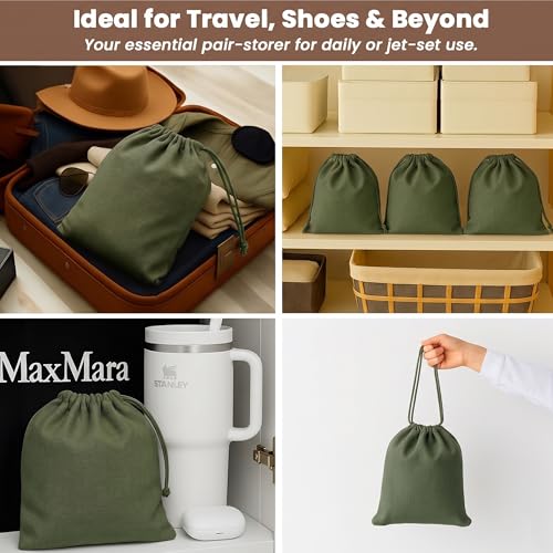 Image of LFH Cotton Shoe Storage Bags with Drawstring, Breathable Dustproof Reusable Shoe Organizer for Travel, Gym, Dorm, Hotel, Machine Washable Easy Carry 12 inchx17 inch (Pack of 6), Military Green