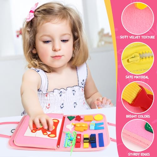 Image of Toddler Busy Board, Montessori Sensory Toys for Boys, 1-4 Year Old Girl Toddler Travel Toys, Educational Learning Activities Board for Motor Skills, Birthday Gifts for Airplane Car, Pink