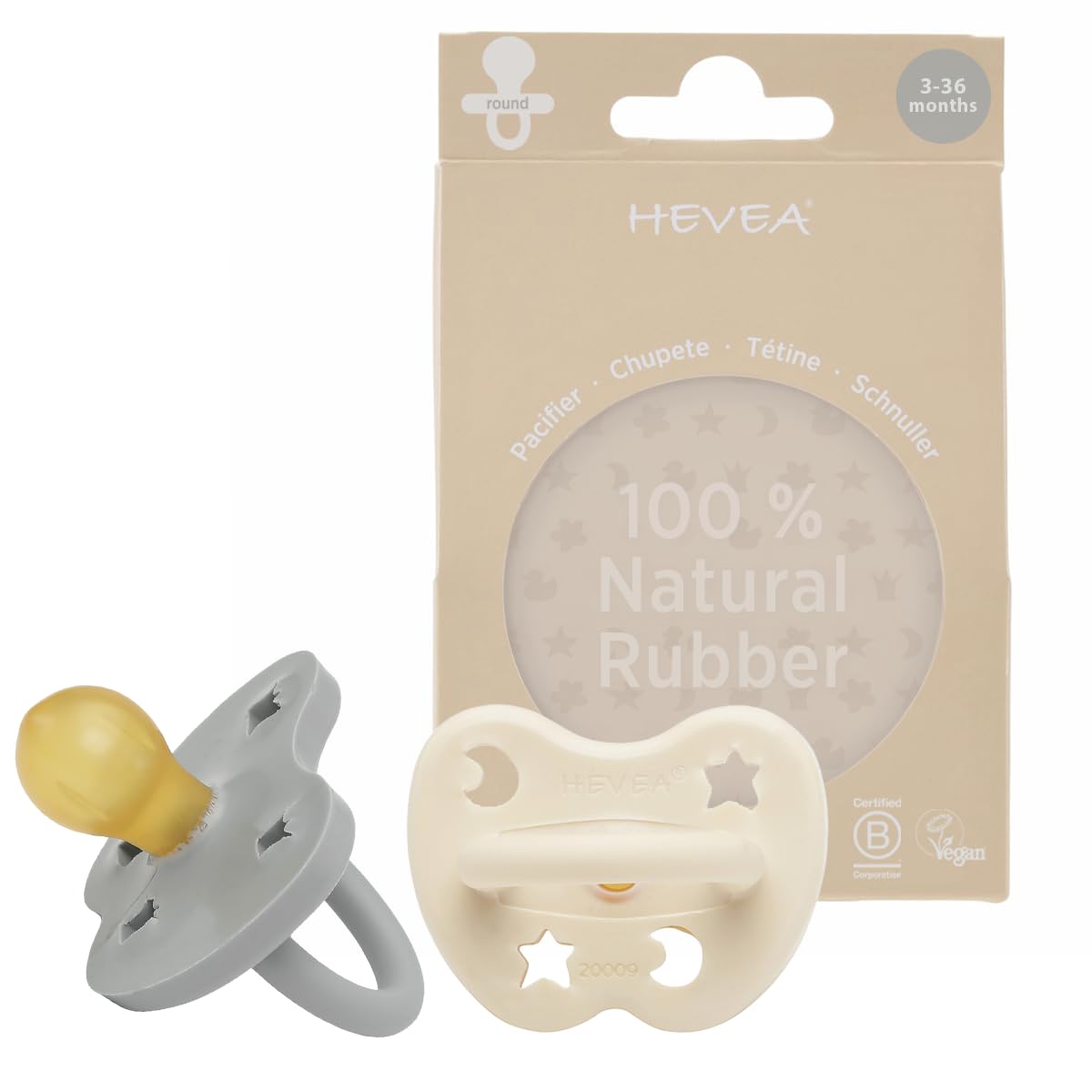 HEVEA Natural Rubber Dummy Pacifier Round 3-36 Months – Hygienic One Piece Design for Newborns to Toddlers, BPA-Free, Soft & Durable – 2-Pack (Milky White & Gorgeous Grey)