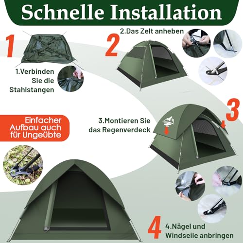 Zelt 2-3 Personen Camping Zelt, Ultraleichte Kuppelzelt Wasserdicht & Winddicht 3-4 Saison, Kleine Packungsgröße, Geeignet für Trekking, Camping, Outdoor