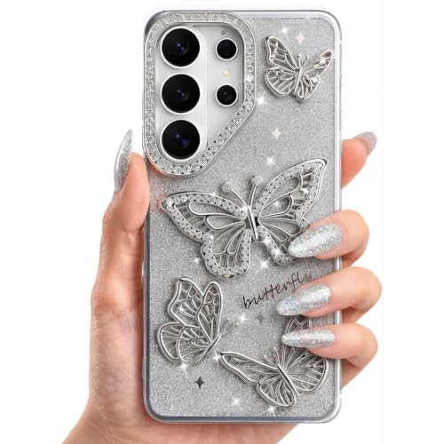 Image of Elzzi Electroplated Butterfly Phone Cover for Samsung S26 Ultra Case, Showcasing Pearlescent Diamond Soft TPU, Camera Protection, Shockproof, Dropresistant Stylish for Girls & Women (Grey)