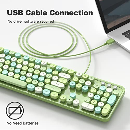Image of KNOWSQT Wired Computer Keyboard - Green Colorful Full-Size Round Keycaps Typewriter Keyboards for Windows, Laptop, PC, Desktop, Mac
