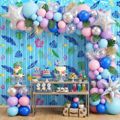 Image of 2 Packs Blue Foil Fringe Curtain, Hawaiian Element Pattern Metallic Tinsel Backdrop for Birthday, Baby Shower, Gender Reveal, Kids Cartoon Party Decorations Favor Supplies