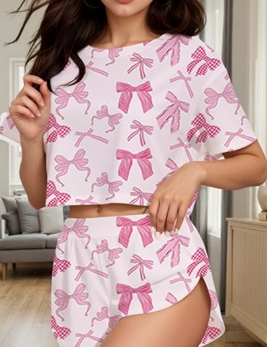 Image of Split Short Pajama Set Soft Women's Striped Pajama Sleeve Tee & Elastic Waist Shorts Summer Lounge Sleepwear