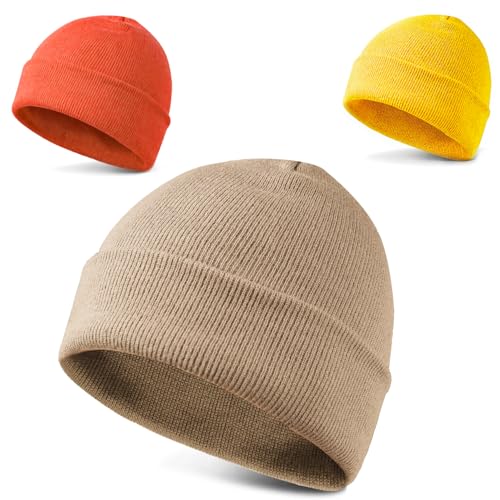 LAKIBOLE Winter Beanie Hats for Men Slouchy Beanies for Women Teenage Boys Girls 3pack(orange-red/Beige/Yellow) 1