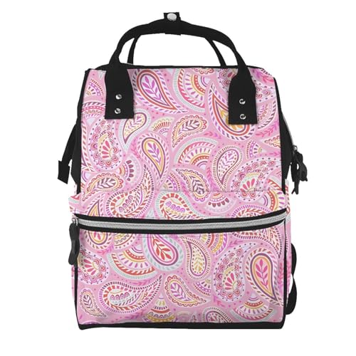 Pink Paisley Diaper Bag Backpack For Baby Girls, Mom Waterproof Large Nappy Bags For Women