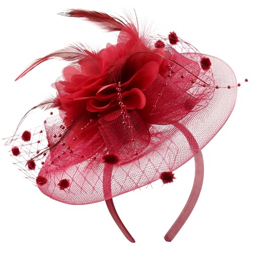 Needzo Fascinator for Women, Derby, The Oaks, Church, and Tea Party Accessory, Headband or Hair Clip, One Size (Red)