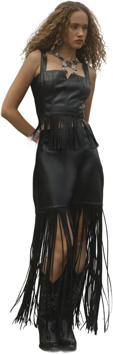 Idyllwind Women's Payson Faux Leather Fringe Midi Skirt - IWFA25S2-BLK X- Black