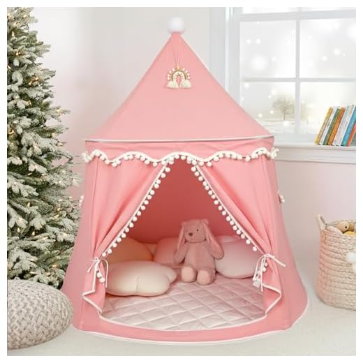 LIONHERZ® DAS ORIGINAL Spielzelt für Kinder, atmungsaktiv aus Baumwolle&Hanf | Prinzessinnenschloss mit Fiberglasstangen, Tasche, Matte und Deko | stabiles Tipi Mädchen (Korallrosa, mit Zubehör)
