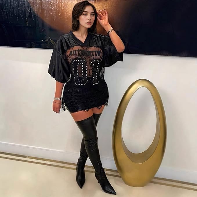 Lace Jersey Shirts for Women Number Print Cute Summer Tops Casual Sheer Short Sleeve Oversized Tshirts Streetwear2