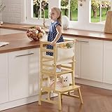 Amazer Bamboo Toddler Step Stool, Anti-Tip Toddler Standing Tower with Push-Pull Safety Rail, Non-Slip Toddler Kitchen Stool with Safety Net, Kids Step Stool for Bathroom Sink and Kitchen Counter