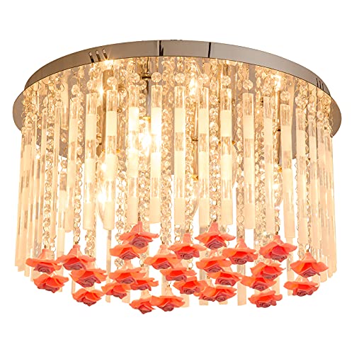 20" Flush Mount Led Light In Crystal Tube Drum Shade Pendant Light Chandeliers Lighting For Bedroom, Girls Room. Crystal Ceiling Light Fixture Flush Mount With Rose Floral Decoration #TOP7